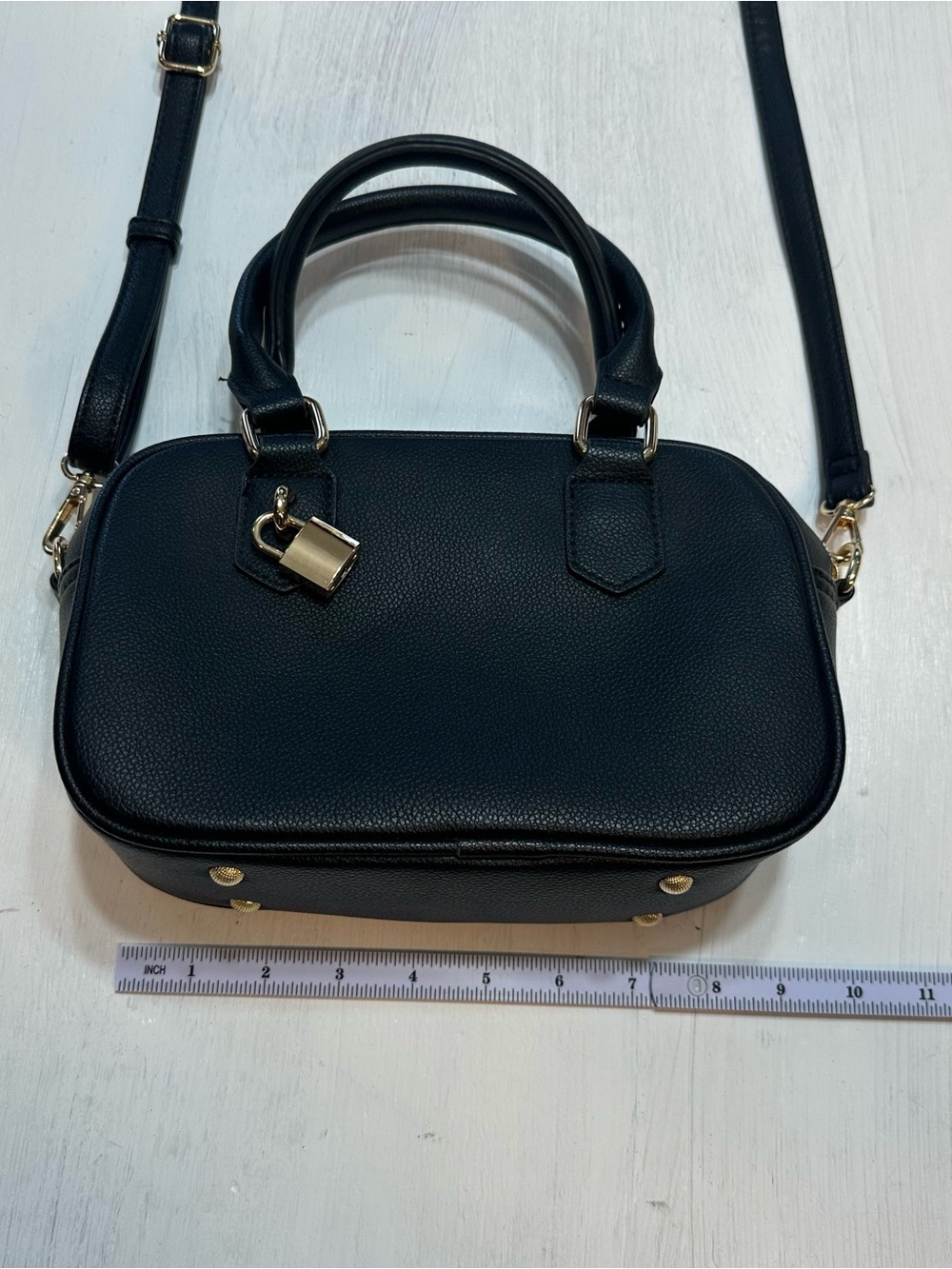 Kayla Ava Black Faux Leather Satchel Crossbody Bag Gold Hardware Floral Lining - Picture 4 of 11